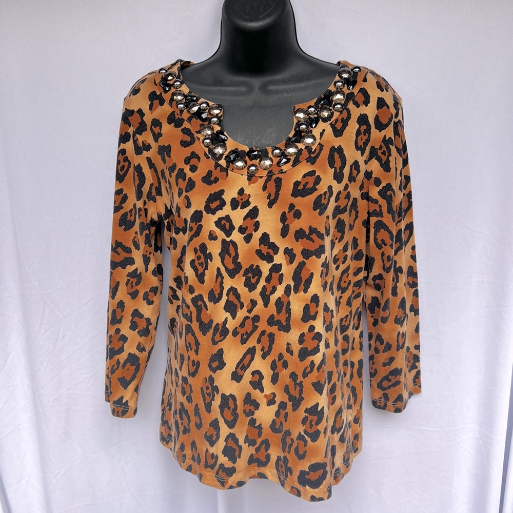 Ruby Rd. Favorites Animal Print 3/4 Sleeve Top Embellished Jewelled Collar SMALL